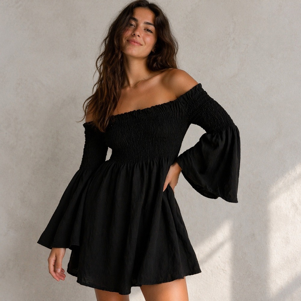 Zara Dress Womens Medium Black Off Shoulder Smocked Bell Sleeve Mini Boho Summer